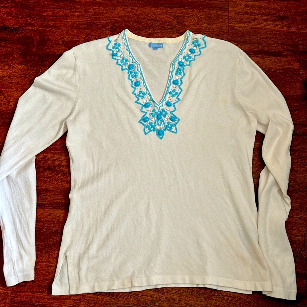 J. McLaughlin White V-Neck Sweater with Turquoise Beading. Size Medium